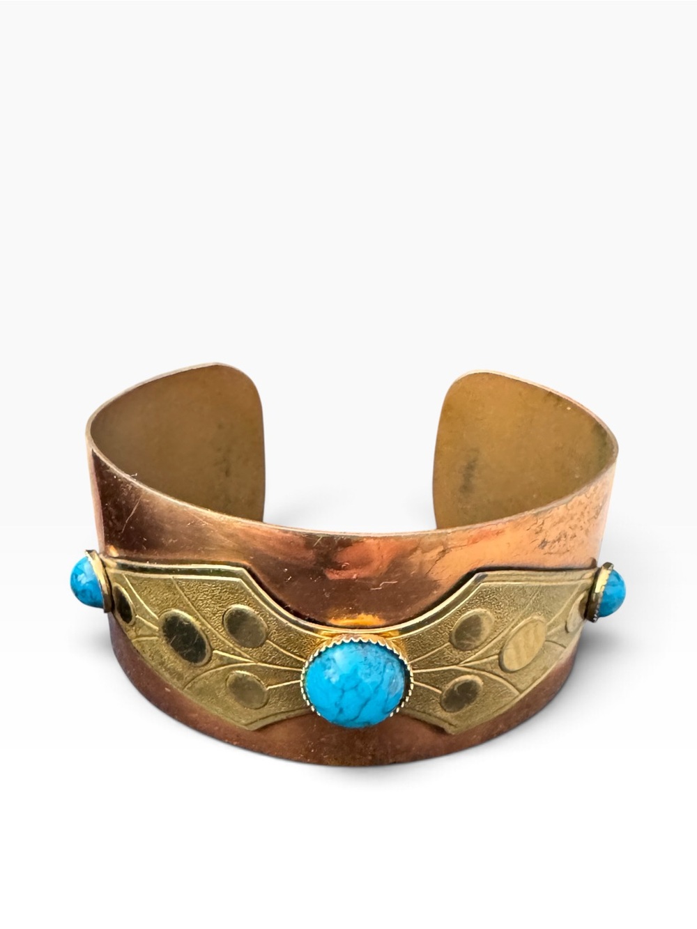 Vintage Turquoise Cabochon Accent Copper Wide Cuff Ornate Bracelet